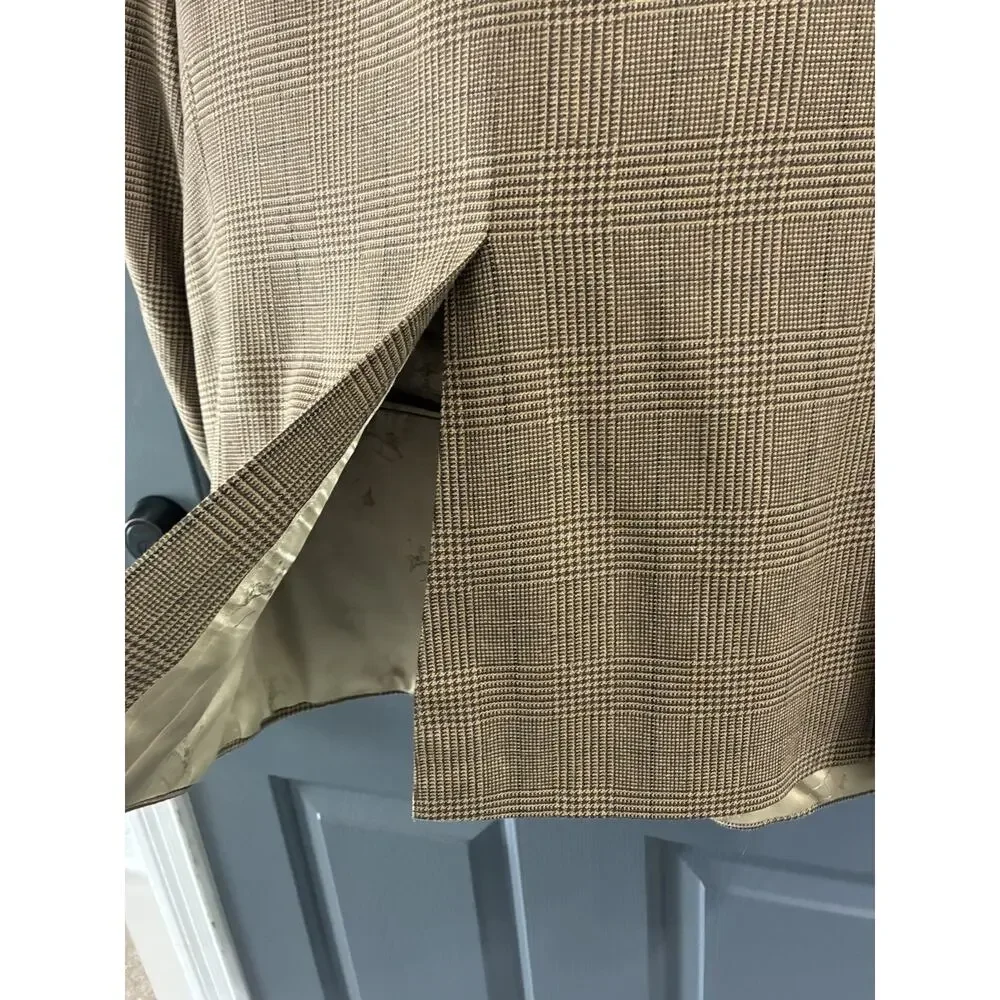 VTG Bespoke Mens 44R Brown Houndstooth Plain Blazer Suit Jacket Made in USA